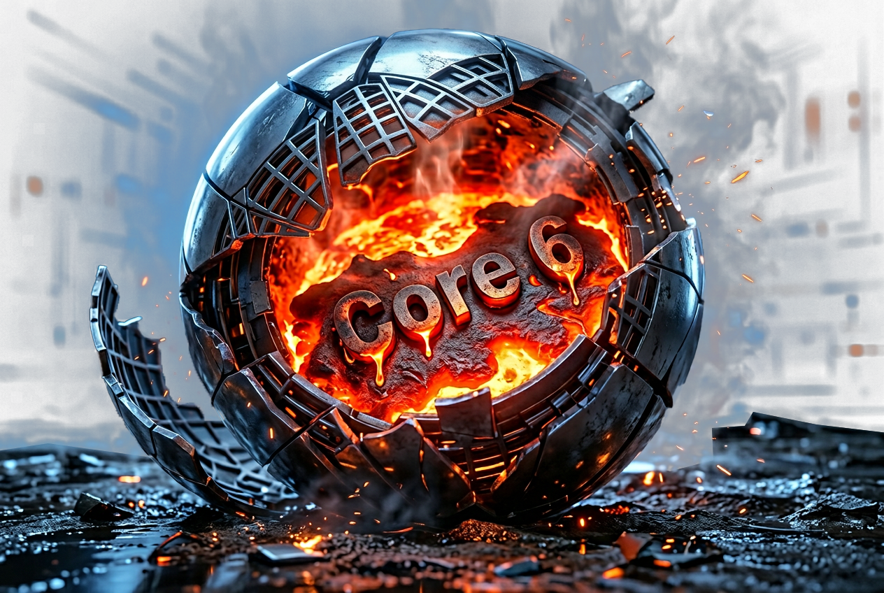 A heavily damaged metallic sphere broken open to reveal a fiery, molten interior with the melting 3D text 'Core 6'. Glowing orange sparks and smoke rise into a dark, gritty industrial environment, symbolizing severe AI system failure..