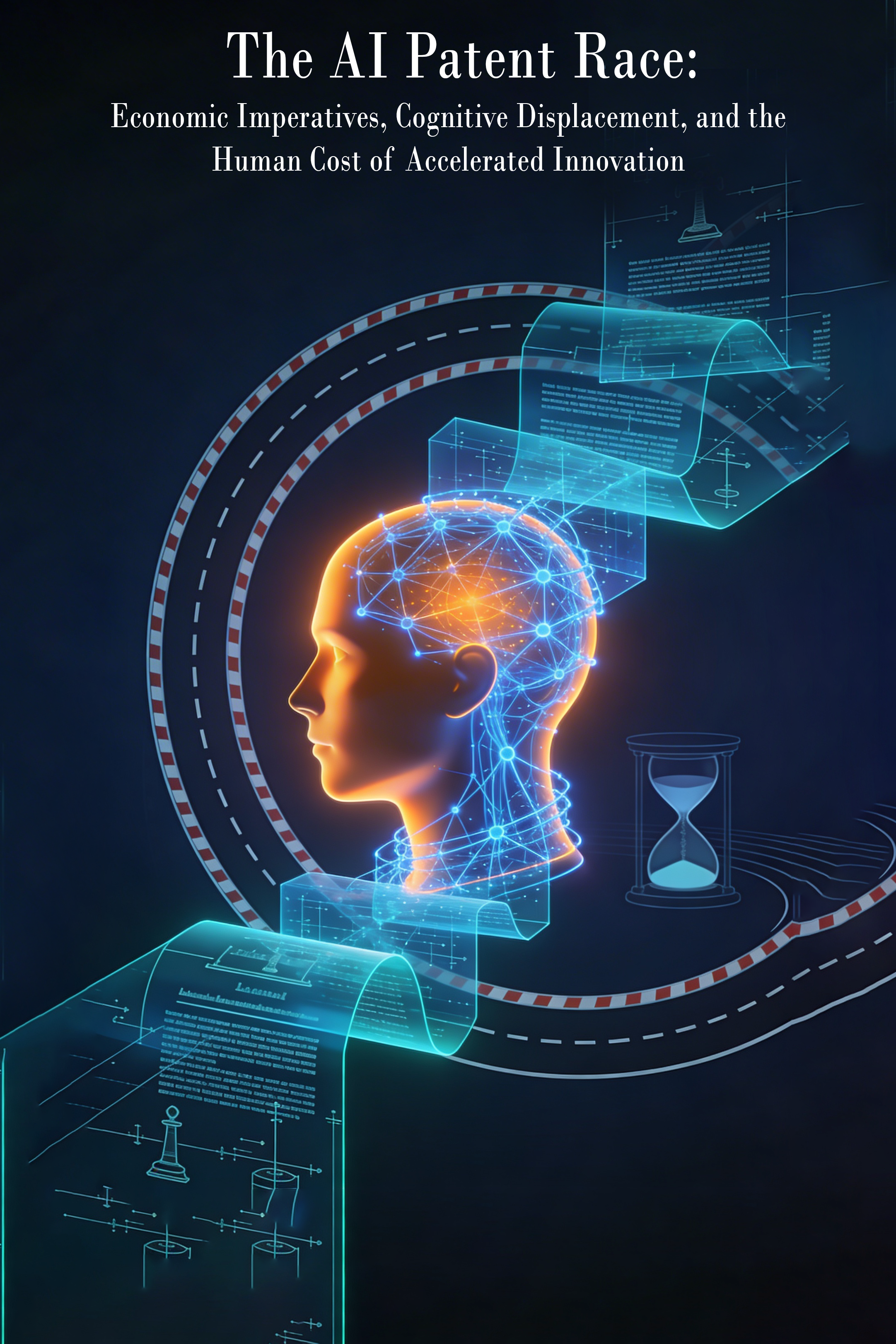 The AI Patent Race' research paper cover. A glowing orange wireframe human head in profile is constricted by a blue neural network and scrolling translucent patent blueprints. Set against a dark navy background with an hourglass and racing tracks.