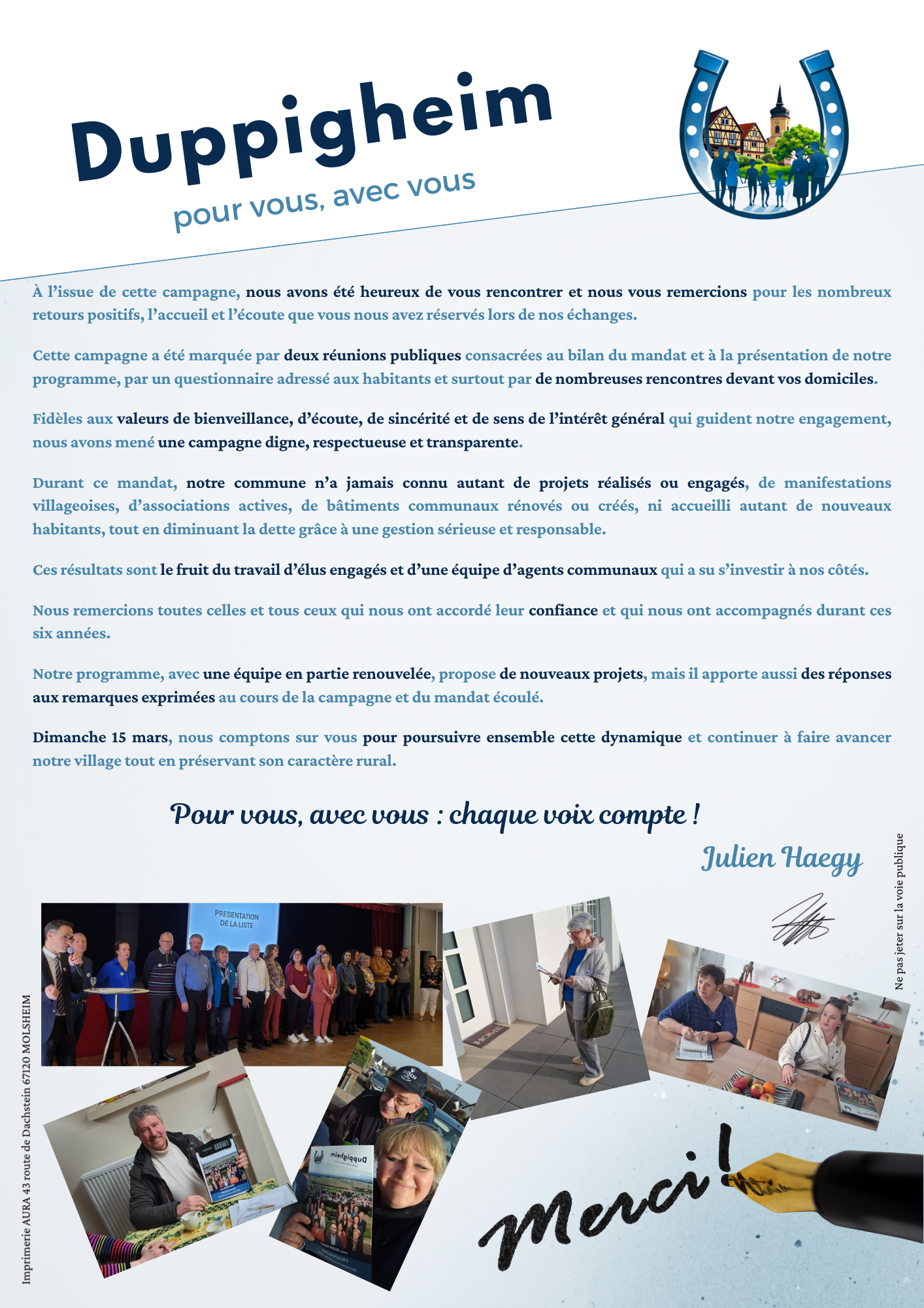 Chères Duppigheimoises, Chers Duppigheimois, Il y a 6 ans vous avez fait un choix fort  confier l'avenir de Duppigheim à une équipe nouvelle animée par une seule ambition  agir pour l'intérêt géné (54).png