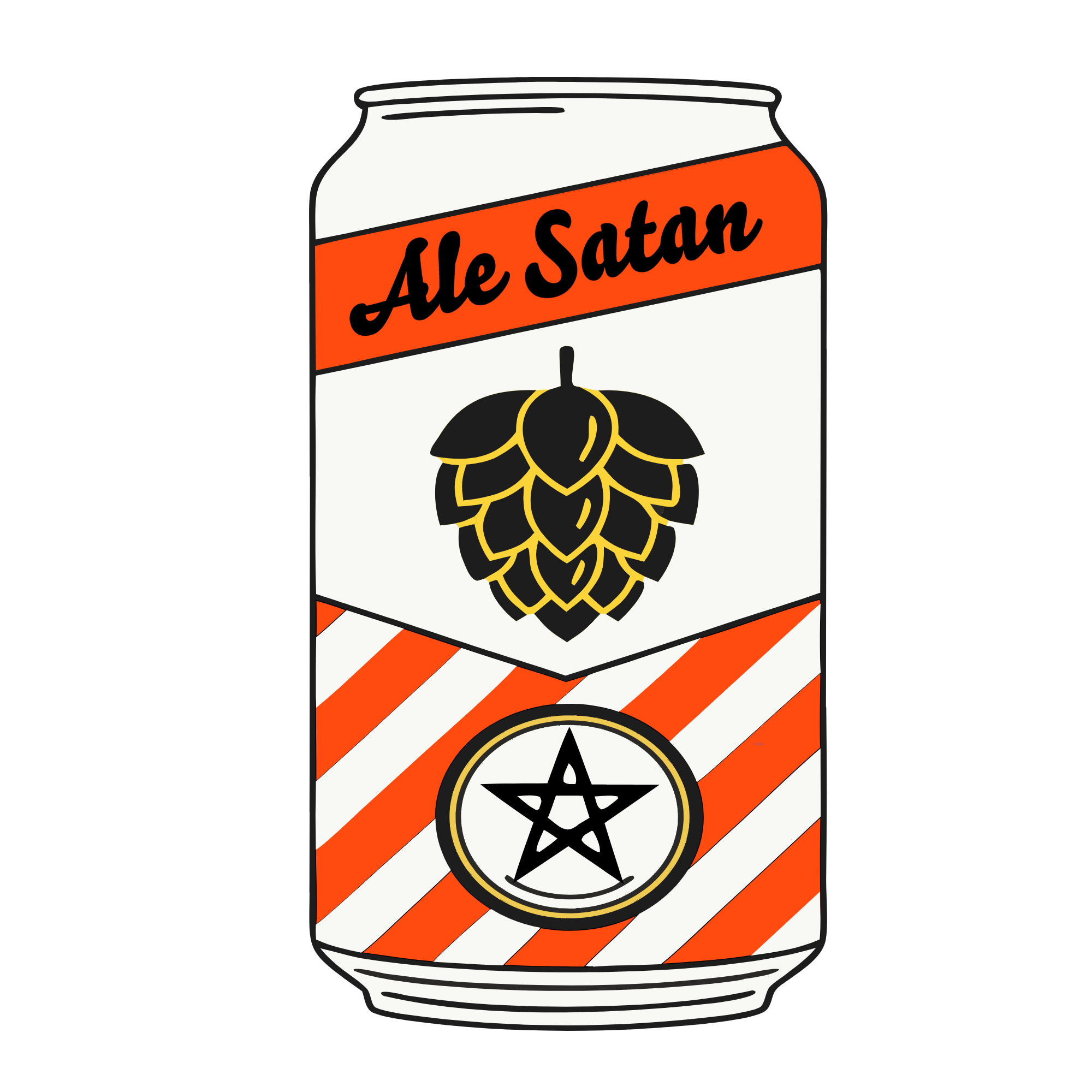A parody beer can labeled 'Ale Satan' with a hop cone illustration and a pentagram symbol on the lower part of the can, against a black background.