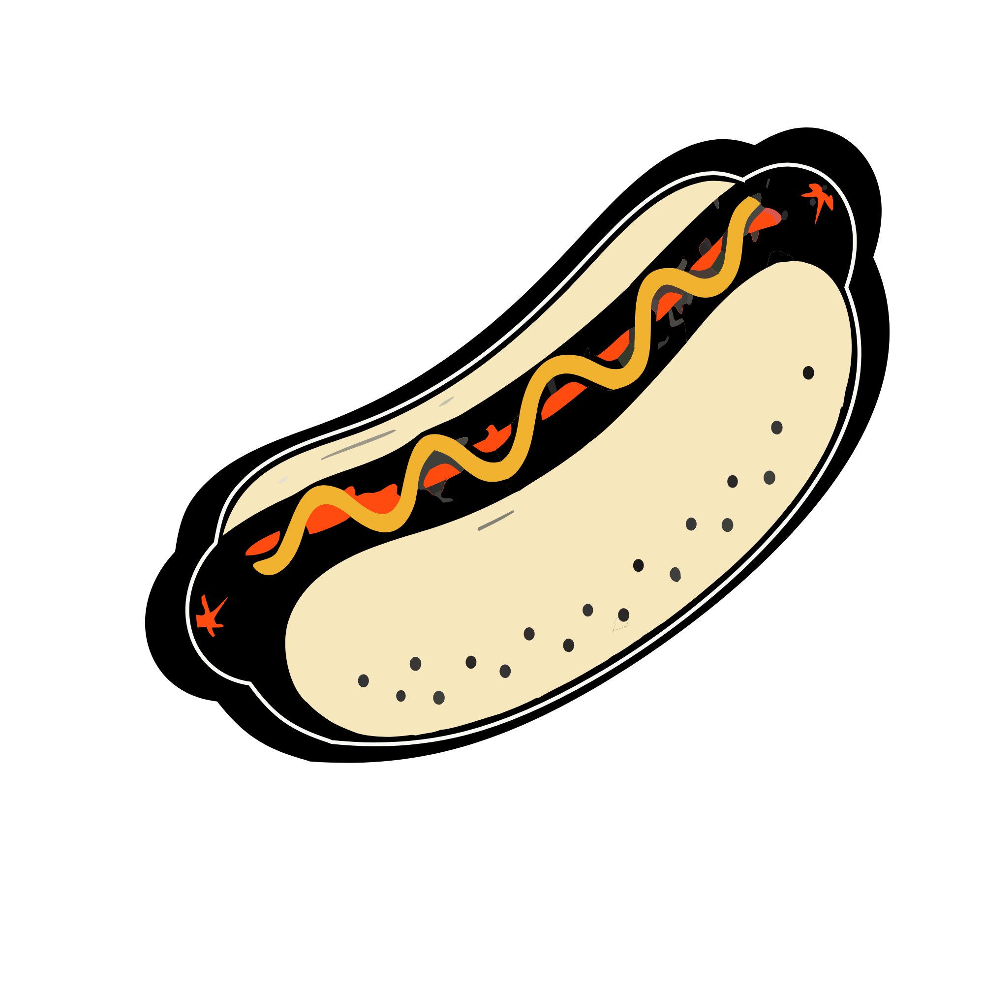 Illustration of a hot dog with a bun, hot dog sausage, mustard, and ketchup on a black background.