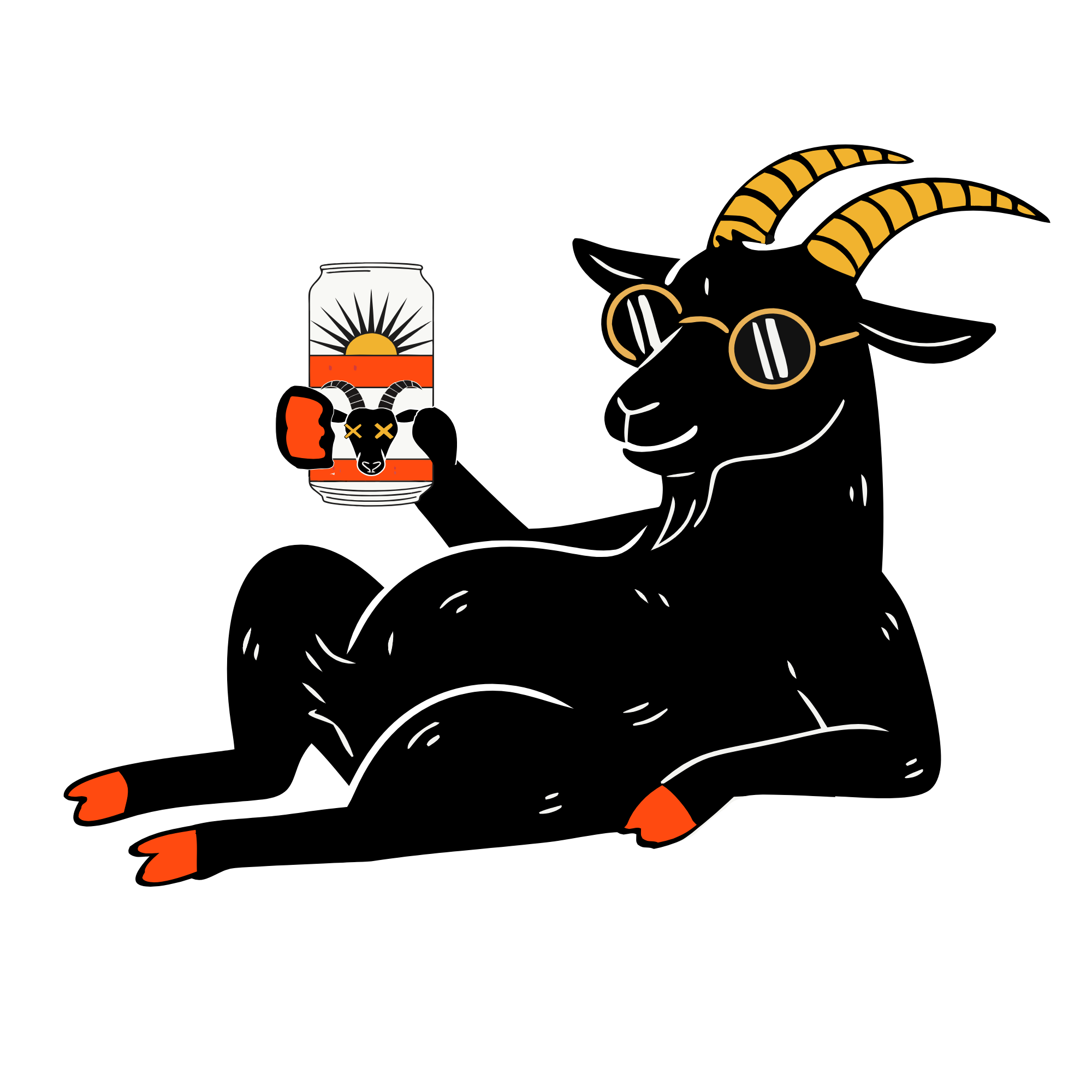 Illustration of a black mountain goat wearing round sunglasses, lounging with one leg extended, holding a can of craft beer featuring a mountain goat's head and sunset design.