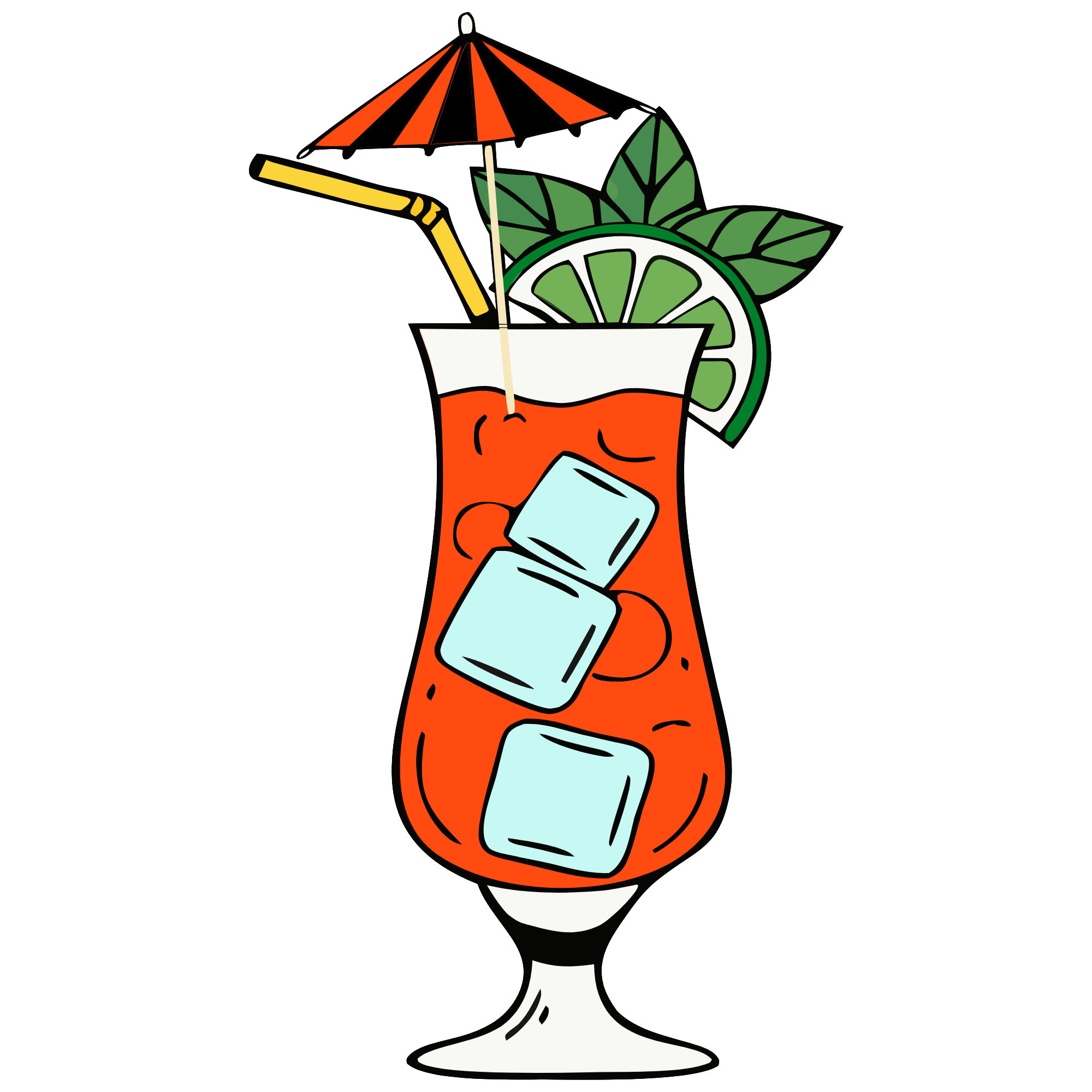 Illustration of a tropical cocktail in a curvy glass with ice cubes, a lemon slice, mint leaves, a straw, and a small umbrella, set against a black background.