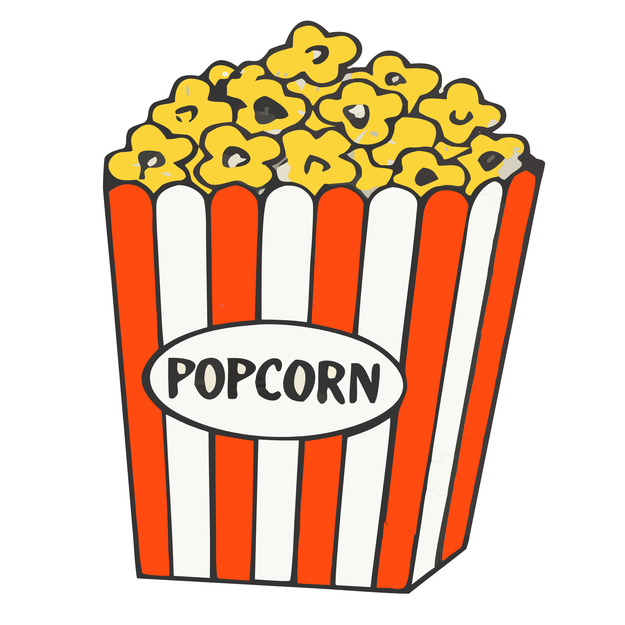 Illustration of a popcorn container filled with yellow popcorn on a black background.