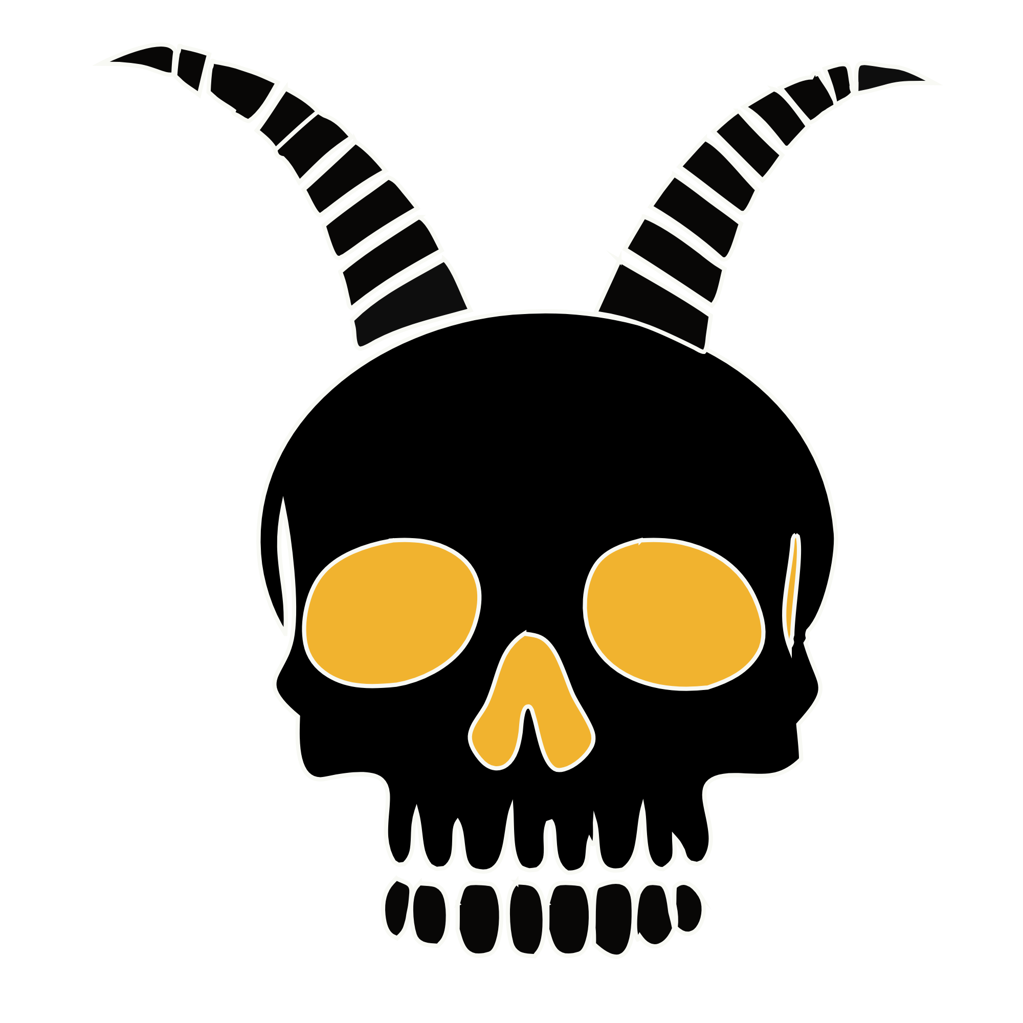 A black background with a stylized skull and goat horns illustration. The skull has yellow eye sockets and a yellow nasal cavity, with a white outline.