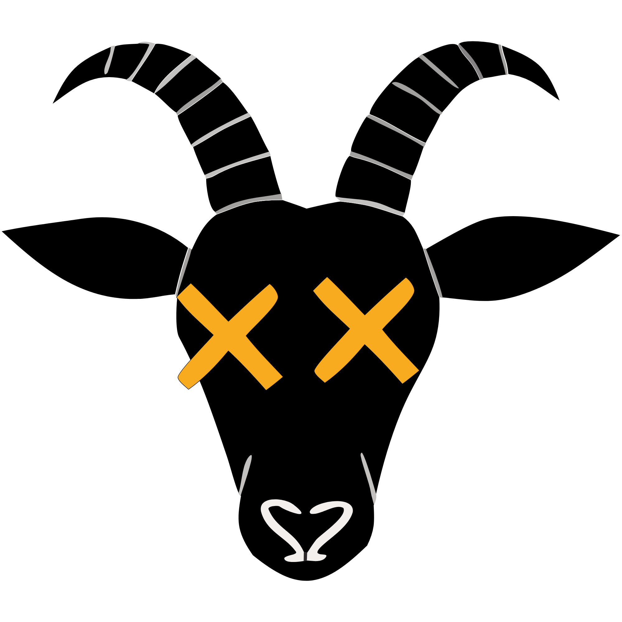 Line art of a goat's head with large, striped horns, ears, and a nose, featuring yellow Xs over the eyes on a black background.