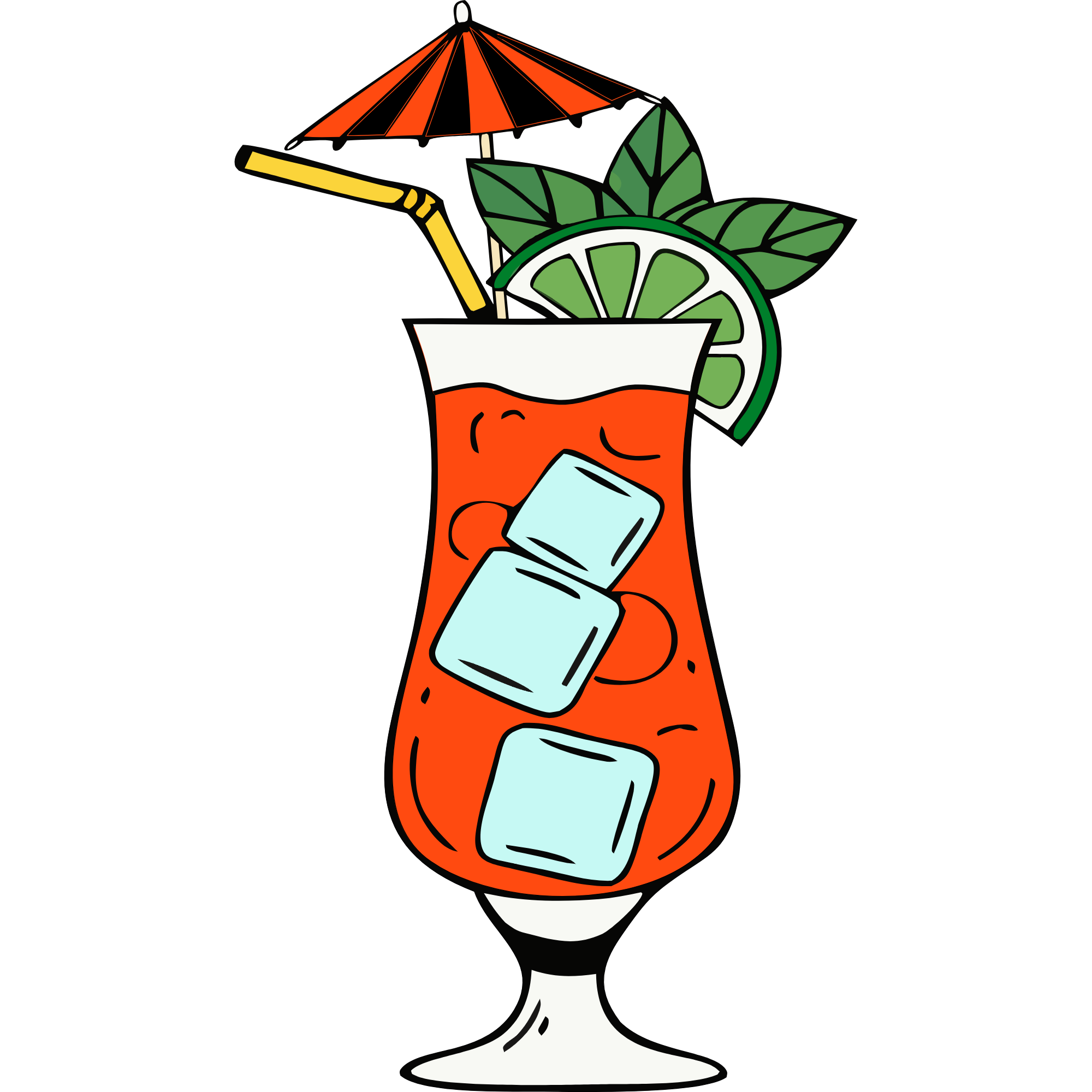 Illustration of a colorful tropical cocktail in a tall hurricane glass with ice cubes, lime slice, mint leaves, a yellow straw, and a small umbrella.