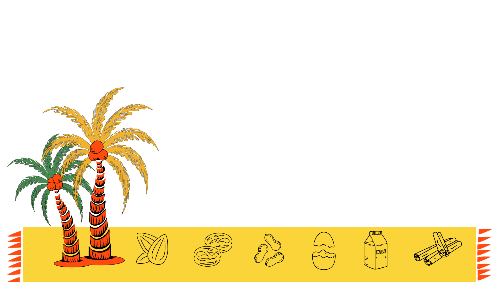 Two illustrated palm trees, one green and one yellow, with coconuts, on a yellow background with icons allergens including nutmeg, cinnamon, peanuts, almonds, and dairy.