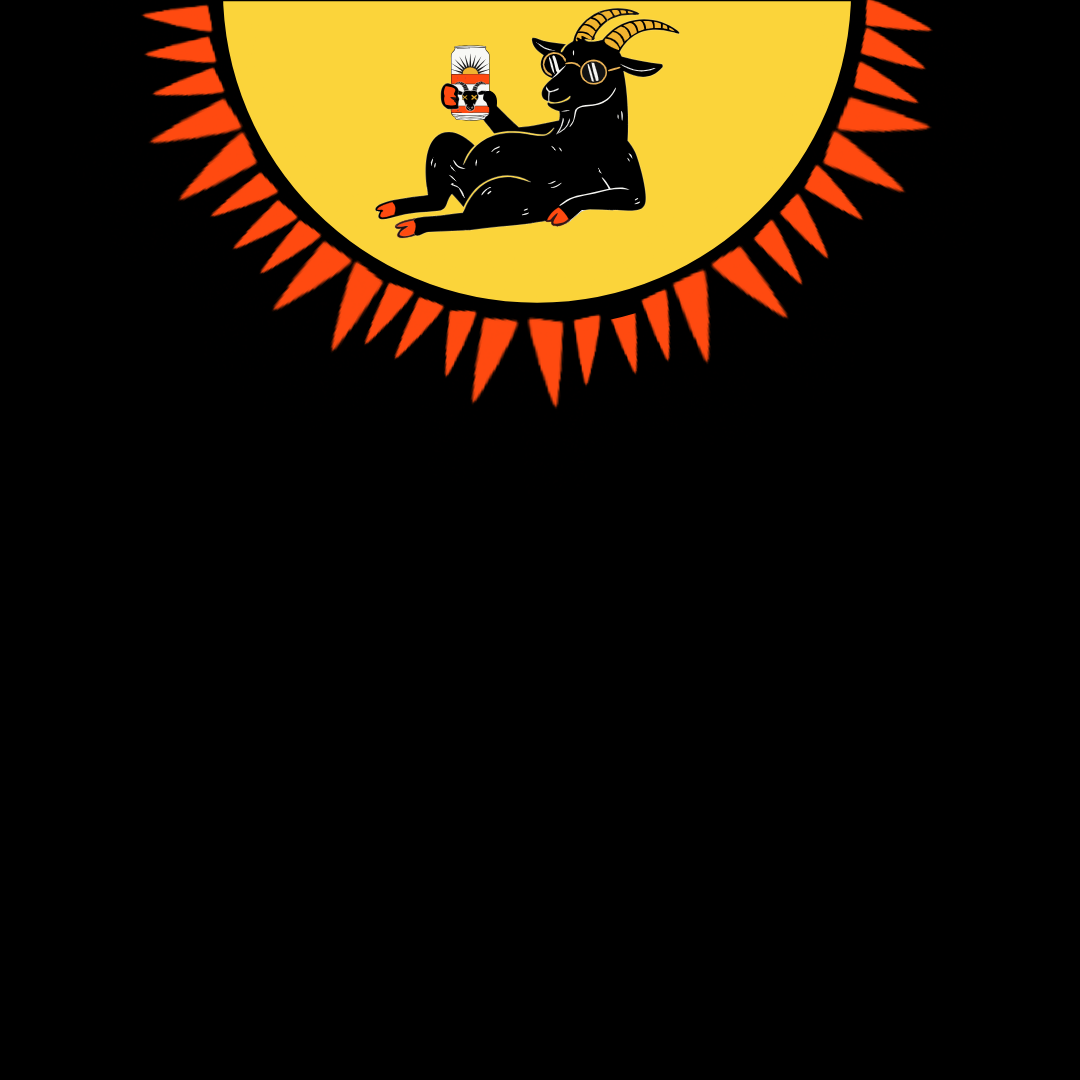 A black flag featuring a crest with a yellow background, a black goat with sunglasses, and a hand holding a mug with a sun and orange, red, and black design.