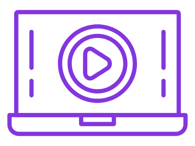 Outline of a laptop with a play button on the screen, depicted in purple lines.