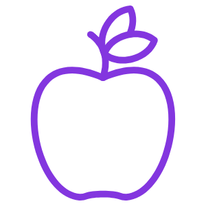 Simple purple line drawing of an apple with leaves.