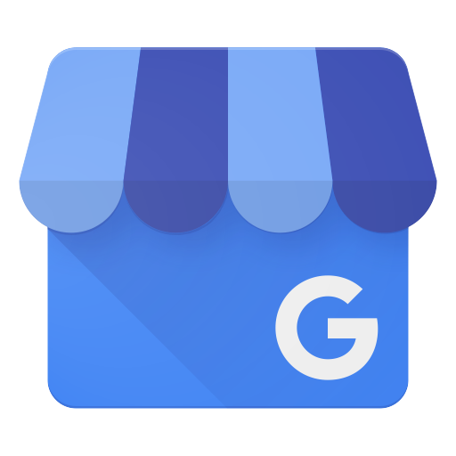Google My Business logo in blue with a storefront awning