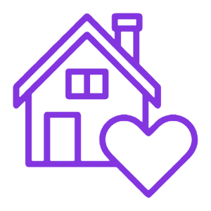 Outline of a house with a heart next to it, in purple.
