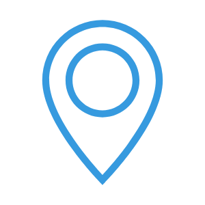 A blue location pin icon on a black background.