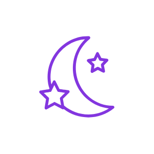 Purple outline of a crescent moon with two stars against a black background.