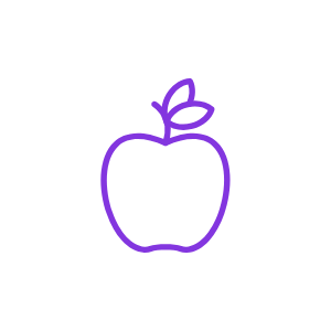 Purple outline of an apple with a leaf at the top.