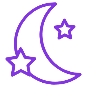 Purple crescent moon with two five-pointed stars.