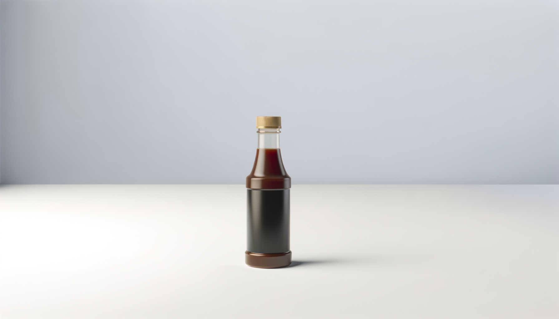 Bottle of soy sauce on a white surface with a gray background.
