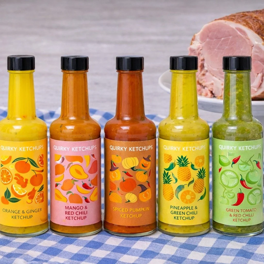 Bring your dishes to life with our range of Quirky Ketchups:
Green Tomato &amp; Red Chilli
Mango &amp; Red Chilli
Pineapple &amp; Green Chilli
Orange &amp; Ginger
Coming this August: Spicy Pumpkin
No additives
Long shelf life

Made in small batches i