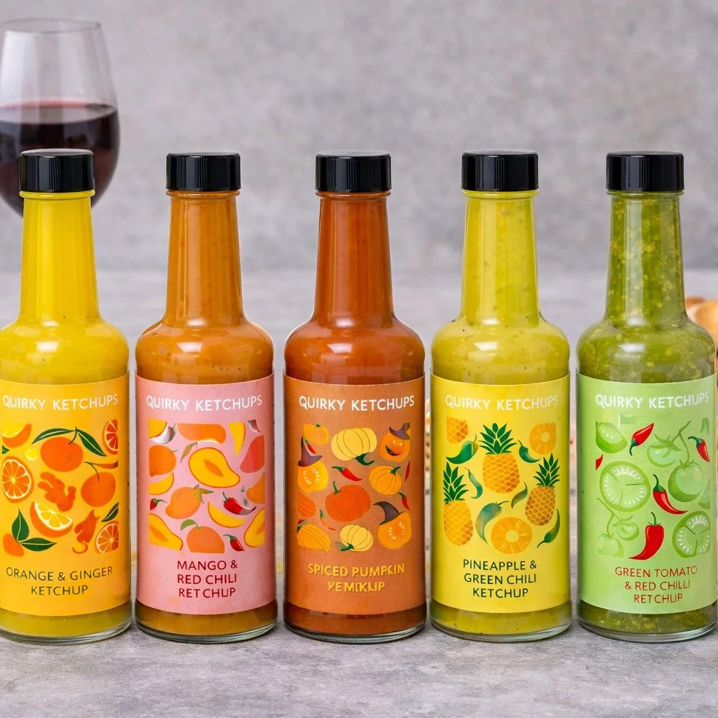 Bring your dishes to life with our range of Quirky Ketchups:

Green Tomato &amp; Red Chilli
Mango &amp; Red Chilli
Pineapple &amp; Green Chilli
Orange &amp; Ginger
Coming this August: Spicy Pumpkin
No additives
Long shelf life
Made in small batches i