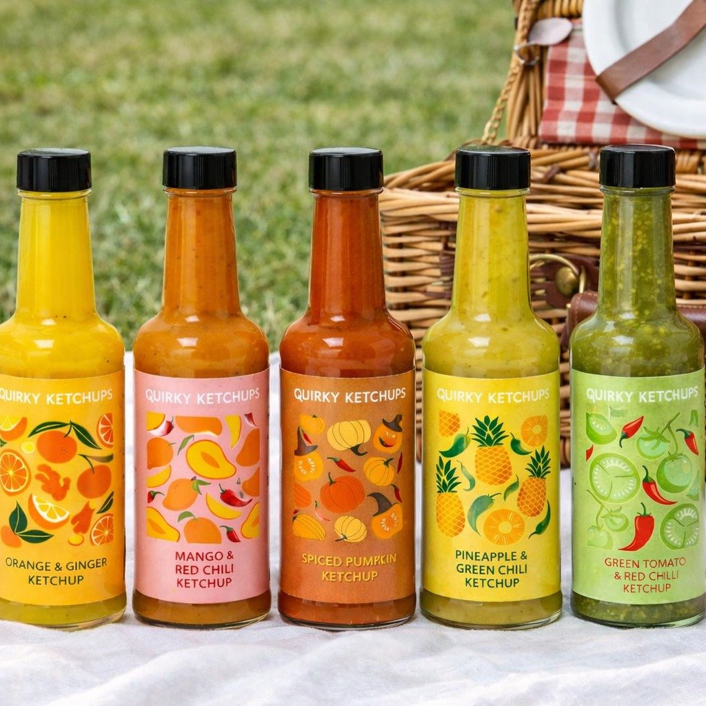 Currently, we have four flavours: 
Mango &amp; Red Chilli
Pineapple &amp; Green Chilli
Green Tomato &amp; Red Chilli
Orange &amp; Ginger

We are also making a Wild Orchard ketchup that combines plums, apples, and pears.
And in August, a spiced pumpki