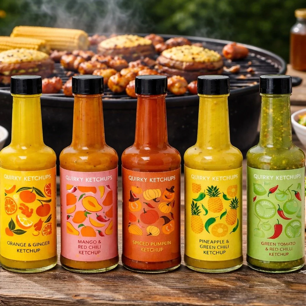 Bring your dishes to life with our range of Quirky Ketchups:

Green Tomato &amp; Red Chilli

Mango &amp; Red Chilli

Pineapple &amp; Green Chilli

Orange &amp; Ginger

Coming in June: Wild Orchard Ketchup

Coming this August: Spicy Pumpkin

No additi