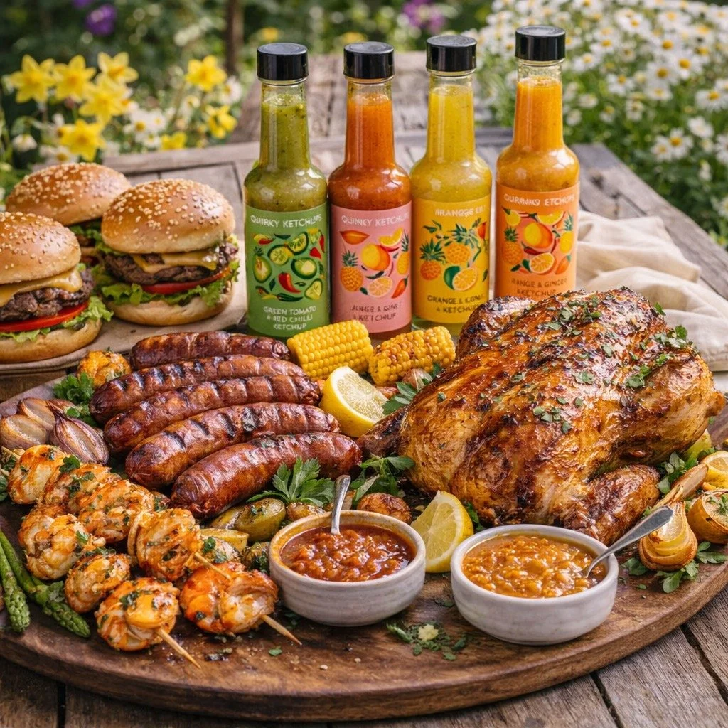 Bring your dishes to life with our range of Quirky Ketchups:
Green Tomato &amp; Red Chilli
Mango &amp; Red Chilli
Pineapple &amp; Green Chilli
Orange &amp; Ginger

Coming this August: Spicy Pumpkin
No additives
Long shelf life
Made in small batches i