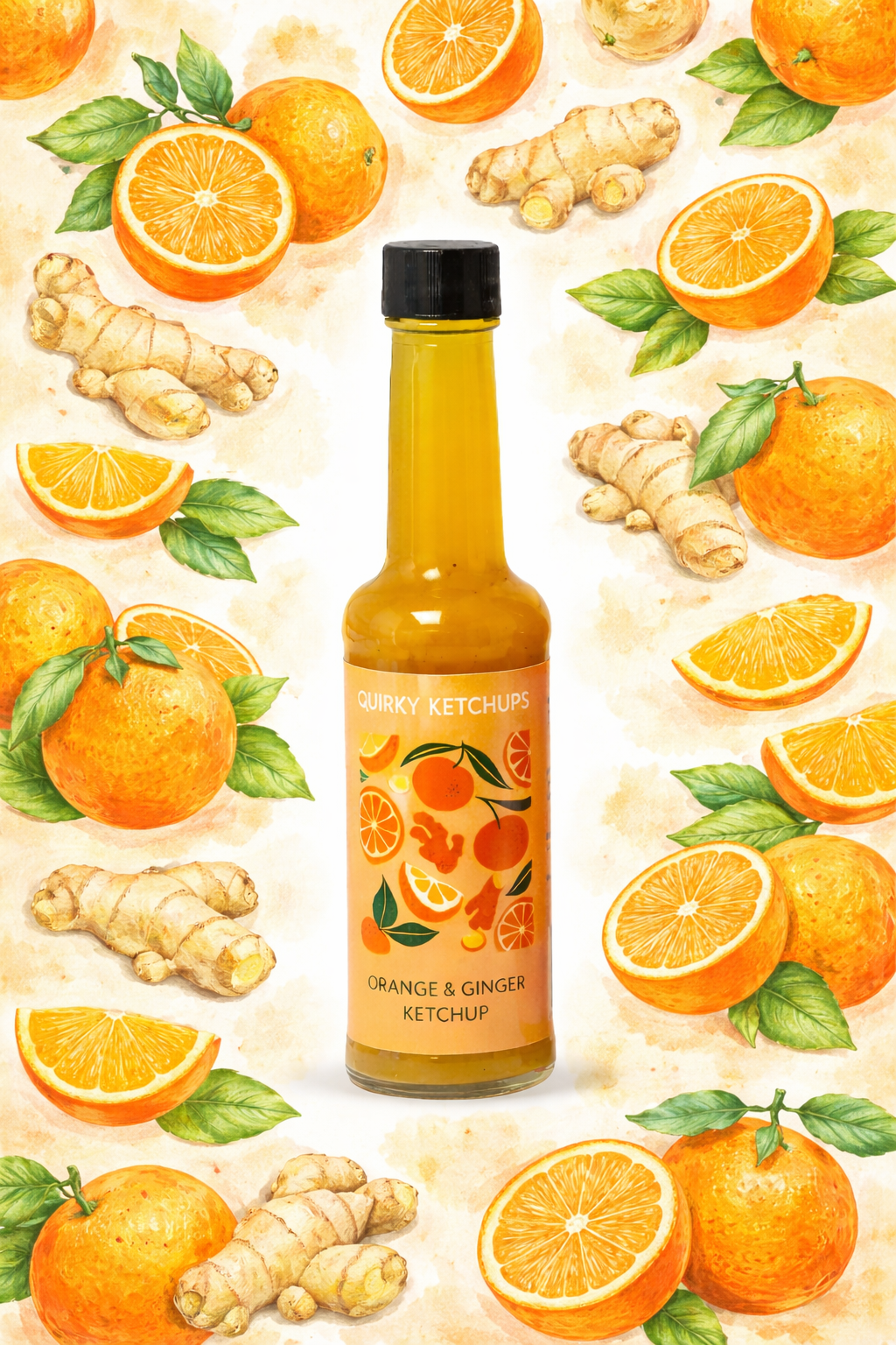 Bottle of orange and ginger ketchup surrounded by whole and sliced oranges, ginger root, and green leaves on a light background.