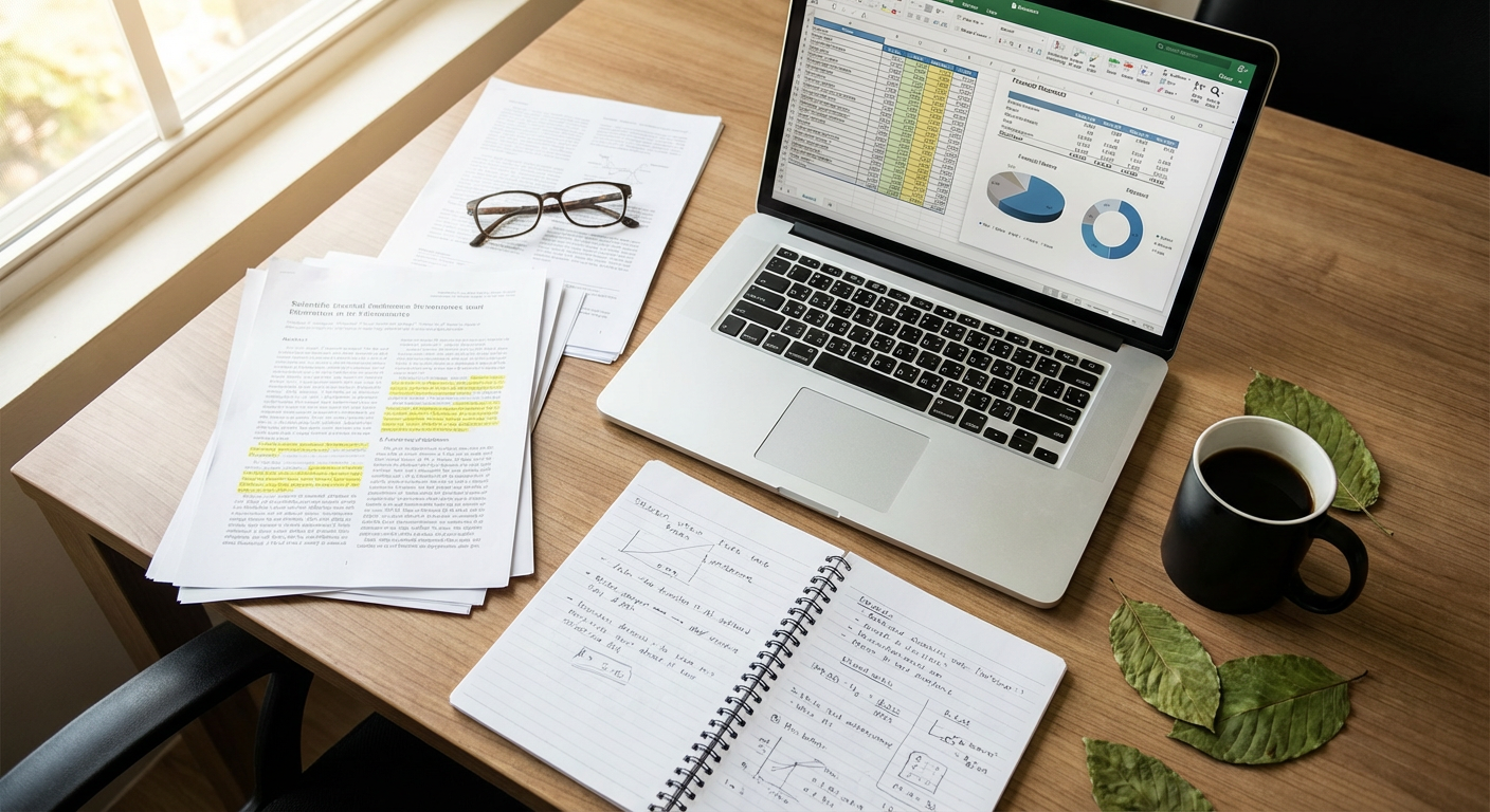 A wooden desk near a window with financial documents, a laptop displaying spreadsheets and charts, a pair of glasses, a coffee mug, a spiral notebook with handwritten notes, and some green leaves.