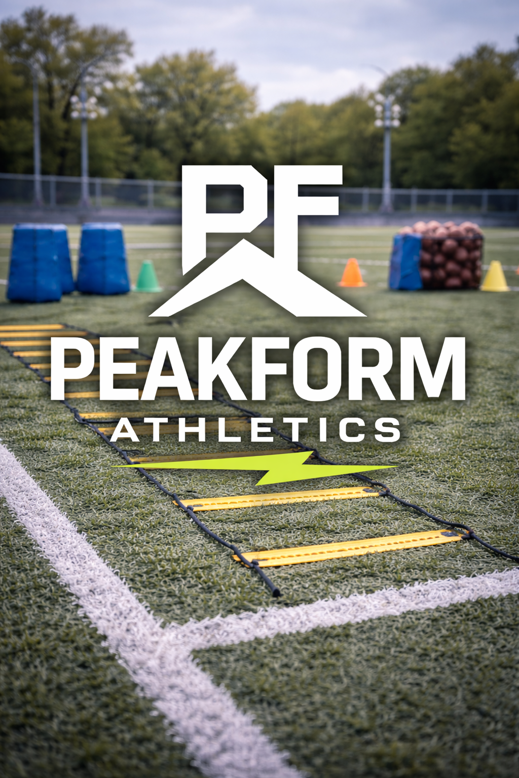 Athletic training equipment on a field including agility ladder, cones, hurdles, and medicine balls, with a logo for PEAKFORM ATHLETICS in the foreground.