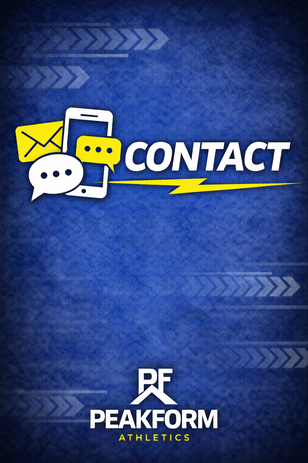 Digital contact icons including envelope, smartphone, and speech bubbles on a blue background with PEAKFORM Athletics logo.