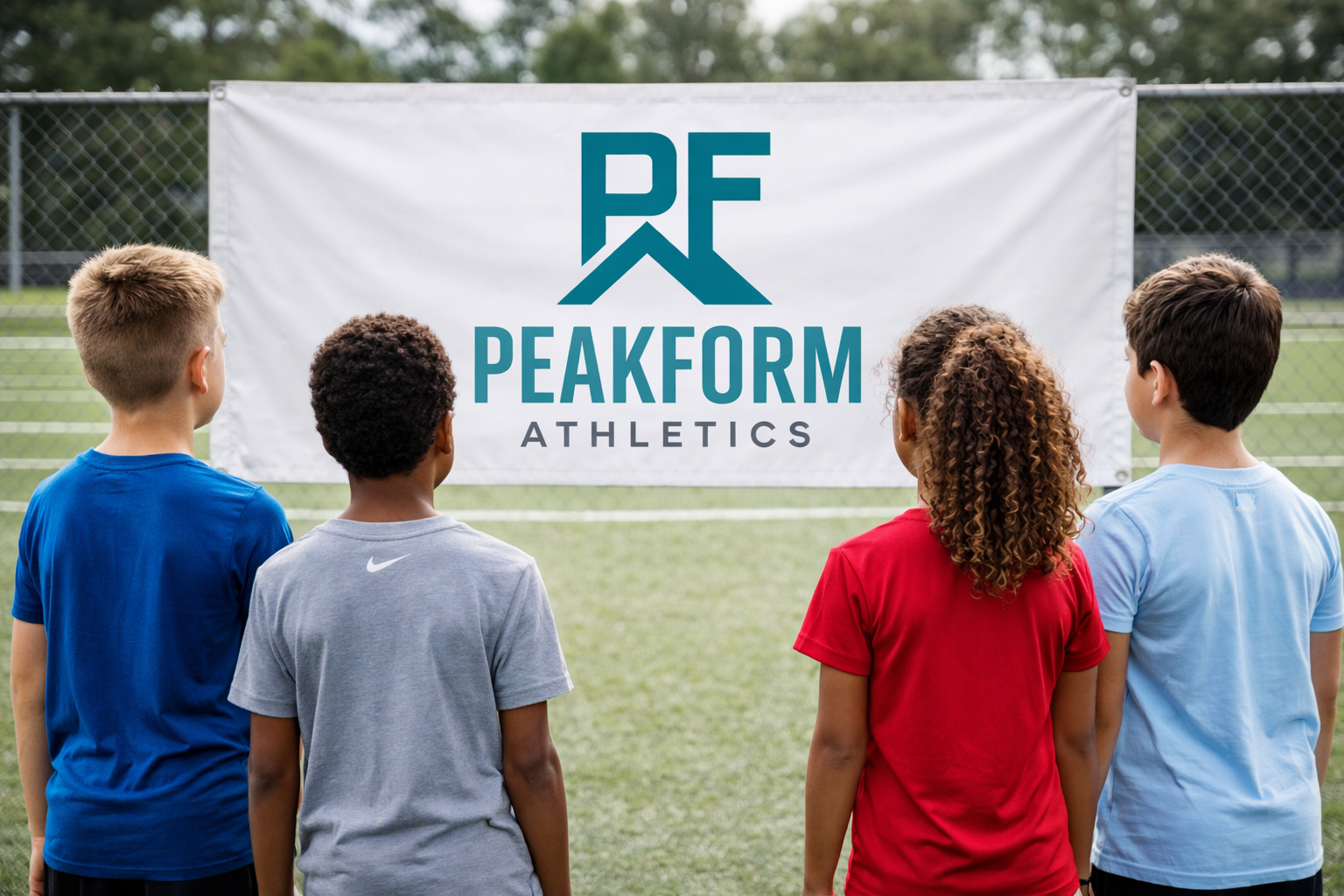 Four children standing on a grassy sports field, facing a banner that reads "PEAKFORM ATHLETICS," with a logo above it.