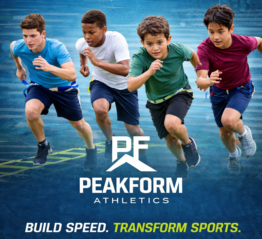 Four young boys in athletic clothes running on a track field with a blue background and the PEAKFORM Athletics logo and the slogan 'Build Speed. Transform Sports.'