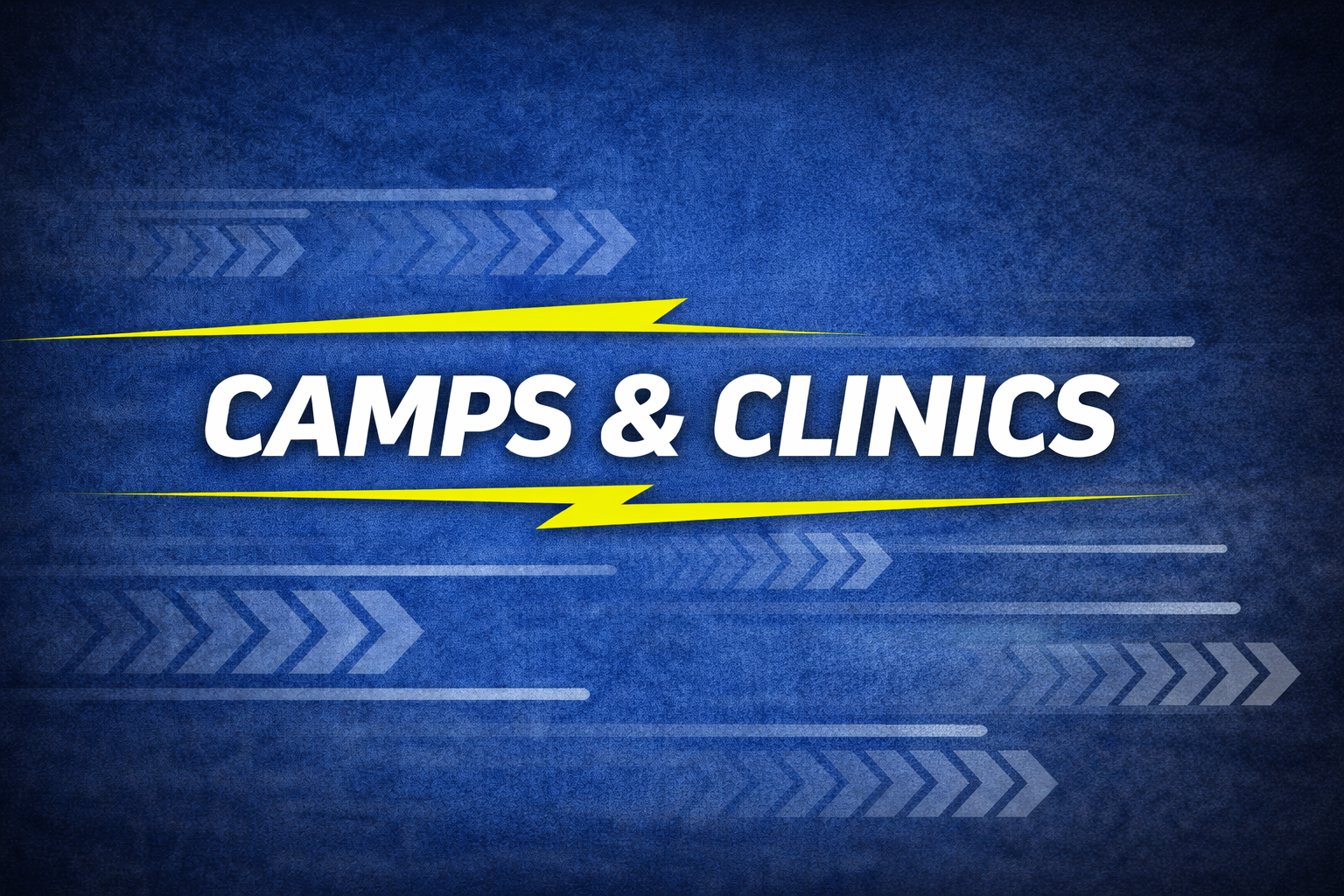 Graphic with blue textured background and yellow, gray arrows, displaying the text 'CAMPS & CLINICS' in bold white letters.