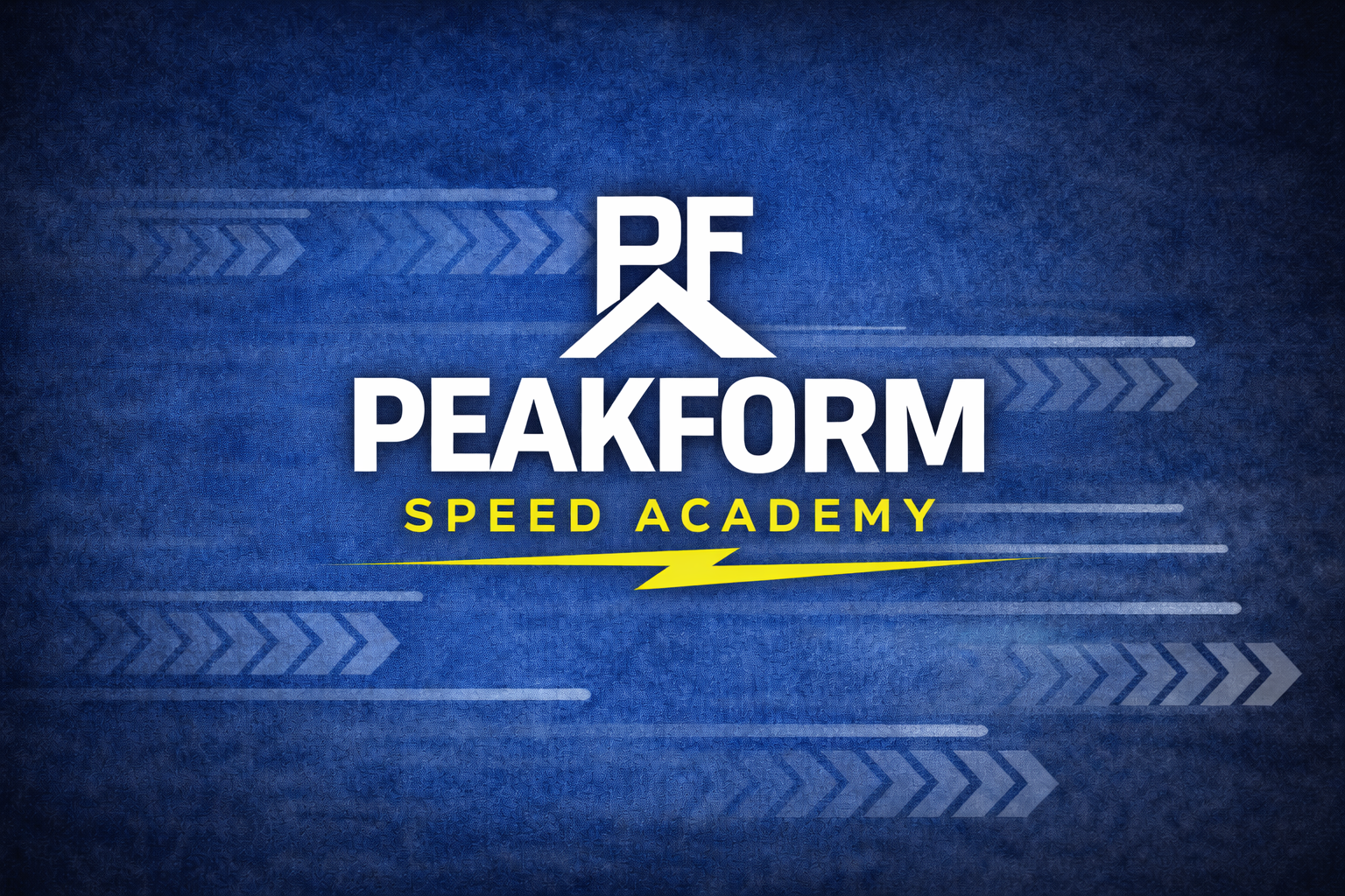 Graphic with blue background, white and yellow text, and arrows, promoting PEAKFORMSpeed Academy.