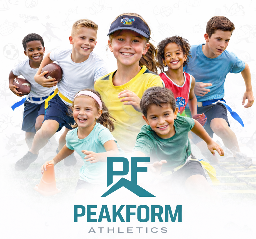Group of smiling children and a young woman in athletic attire, outdoors, with Peakform Athletics logo at the bottom.