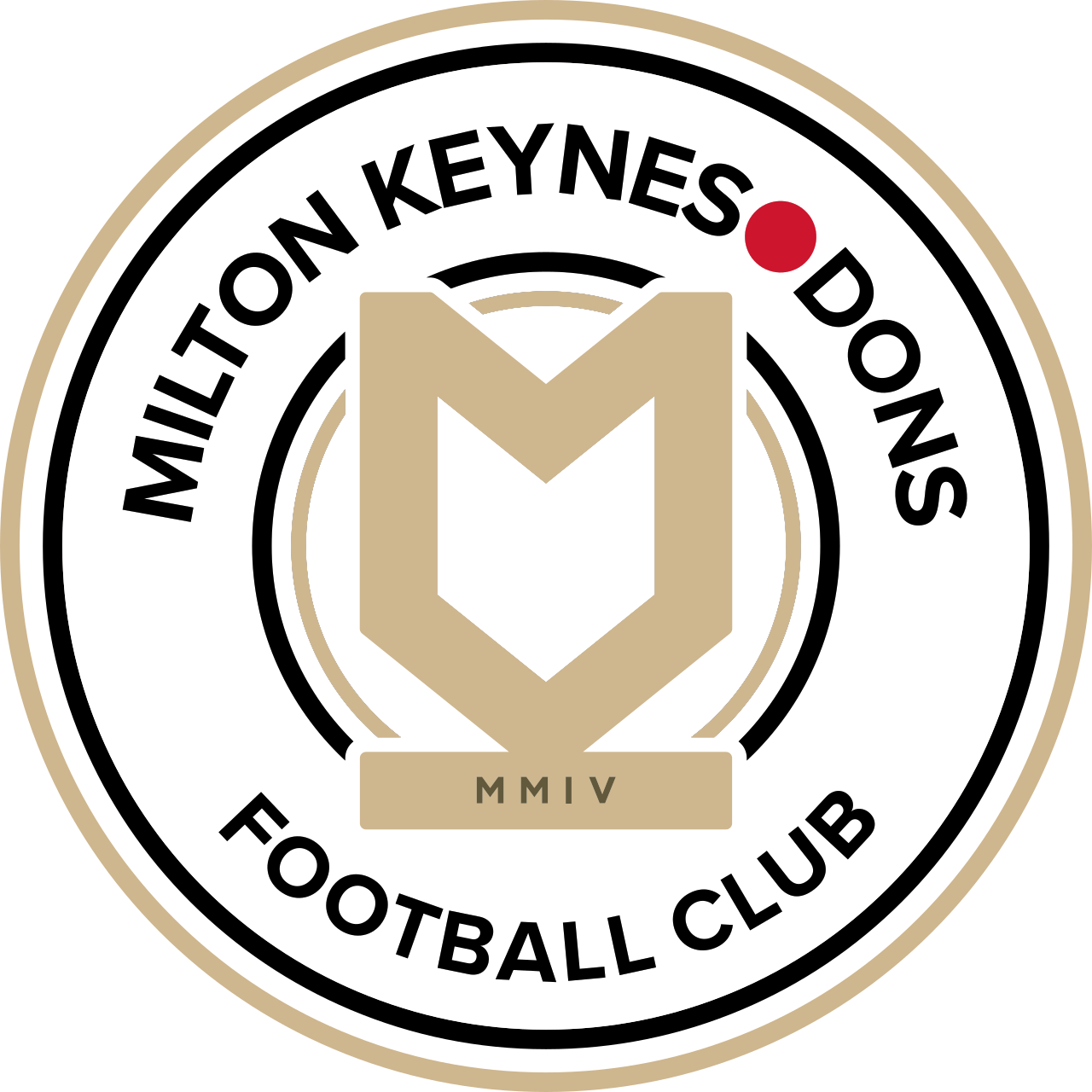 Logo for Milltown on Keynes Don's Football Club, featuring a large letter M, a red dot, the text 'MMIV' at the bottom, and a circular border.