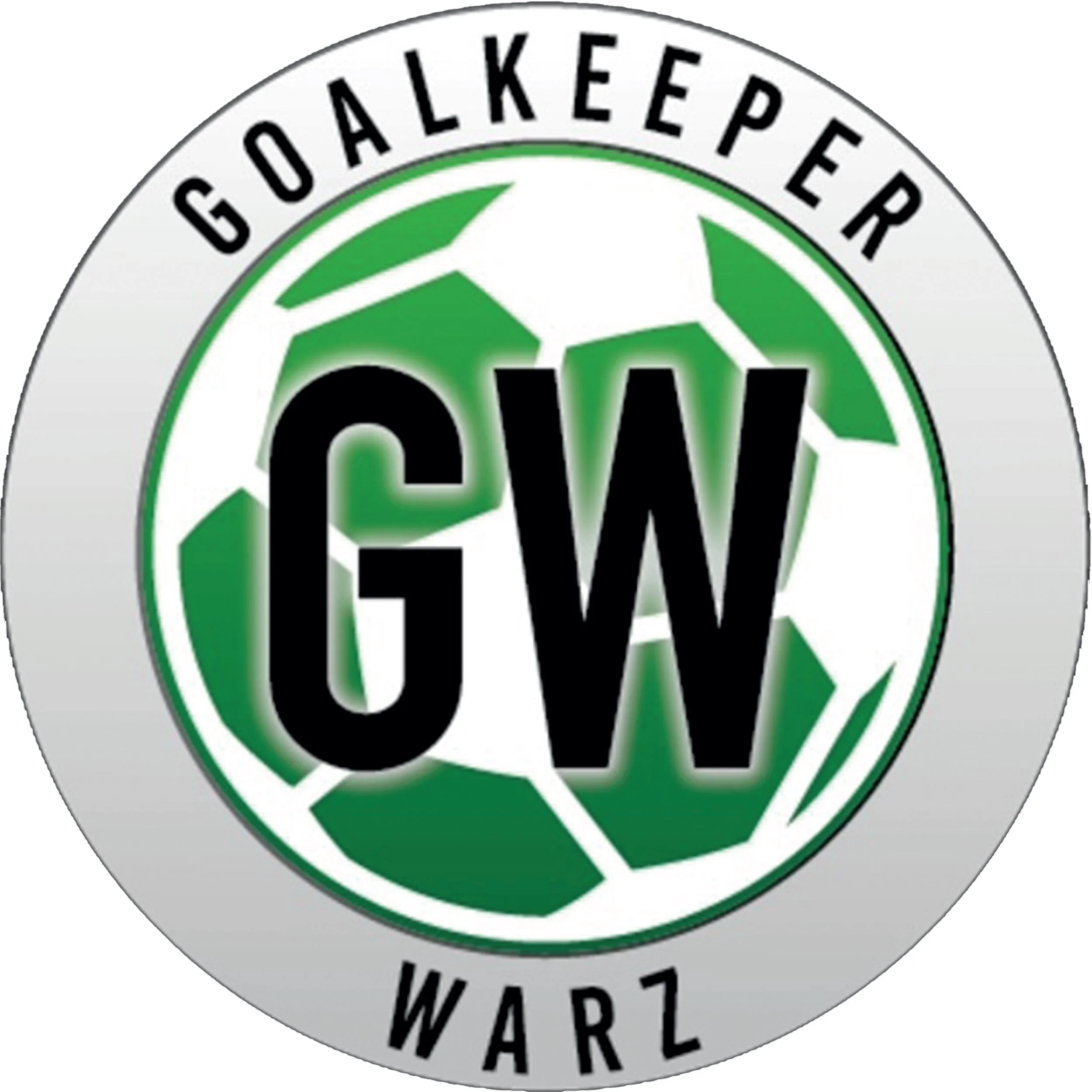 Close-up of a circular warning sticker with the word Goalkeeper warz is visible around a green and black graphic design.