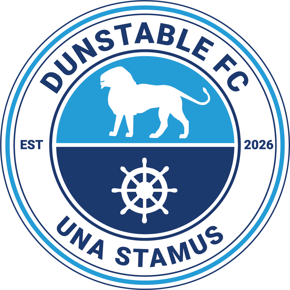 Dunstable FC logo featuring a lion standing on a blue half and a ship's wheel on the other, with text around it reading "Dunstable FC" and "UNA STAMUS," established in 2026.