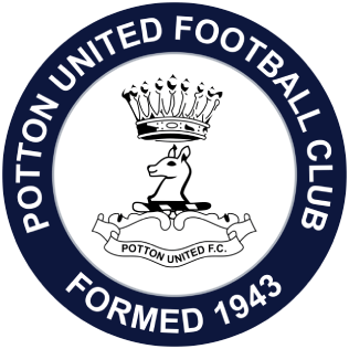 Potton United Football Club logo with a crown, a swan, and the club's name and founding year