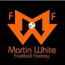 Logo for Martin White Football Factory with an orange and black design featuring a stylized 'M' and 'W', a soccer ball, and the name below.