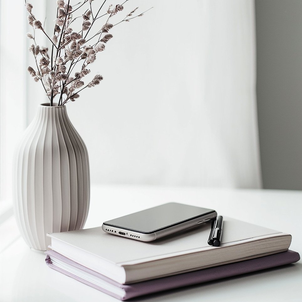 A white vase with a ribbed texture holding dried flowers, placed next to a closed notebook, a smartphone, and a black pen on a white surface near a window with sheer curtains.