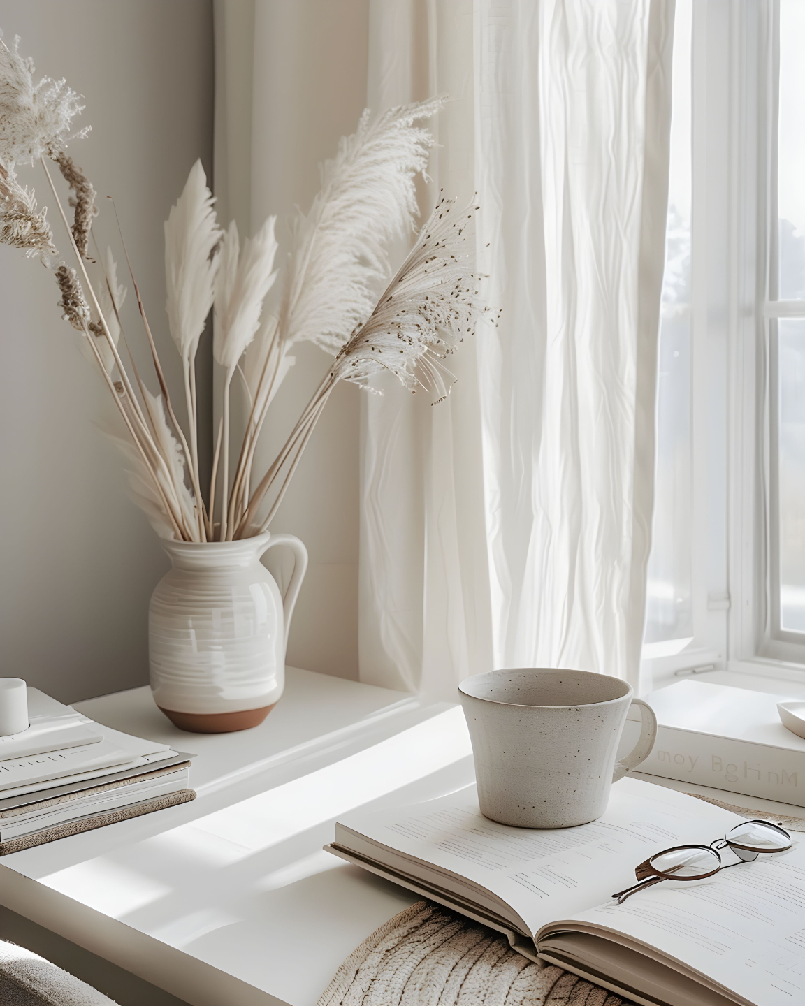 Sunlit desk with an open book, a ceramic mug, eyeglasses, and a vase with dried pampas grass by a window with white curtains.