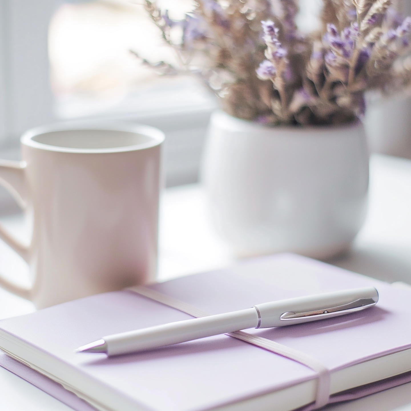 A white notebook with a lavender cover and an elastic band, a white pen on top, a white ceramic mug, and a white vase with purple and beige dried flowers on a windowsill.
