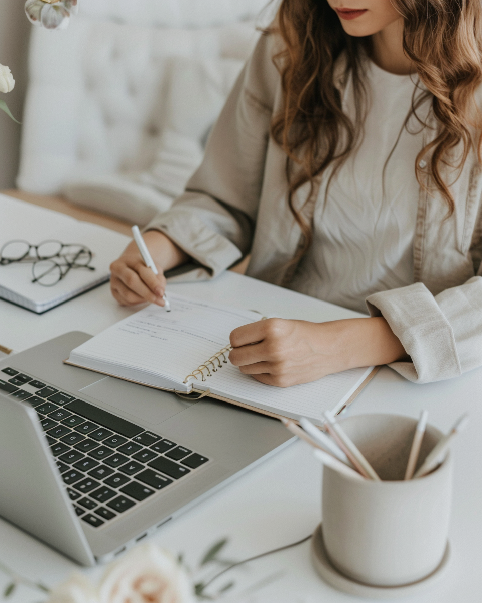 Woman writing in a notebook at a desk with a laptop, glasses, and a pencil holder.