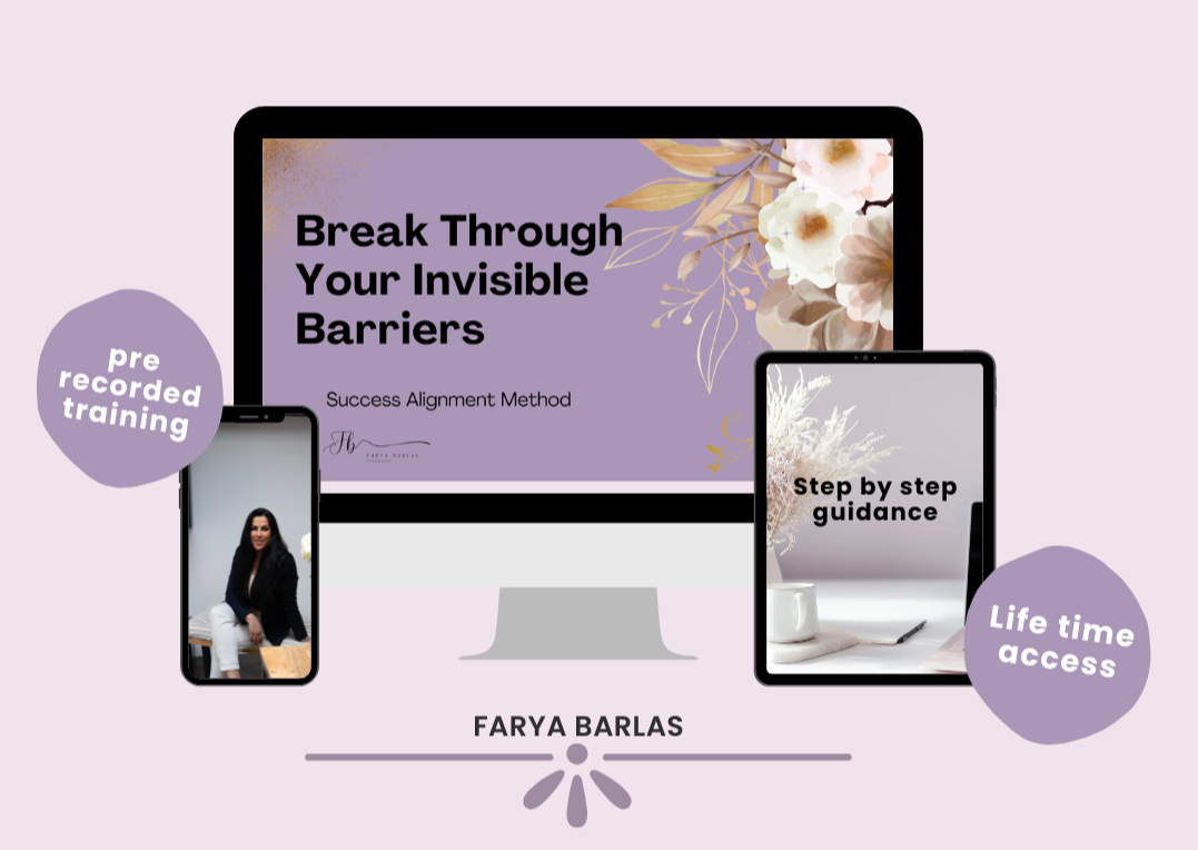 Digital promotional graphic for Farya Barlas' Success Alignment Method program, including a desktop computer, a smartphone, and a tablet displaying program titles, with decorative floral elements and labels indicating pre-recorded training and lifetime access.