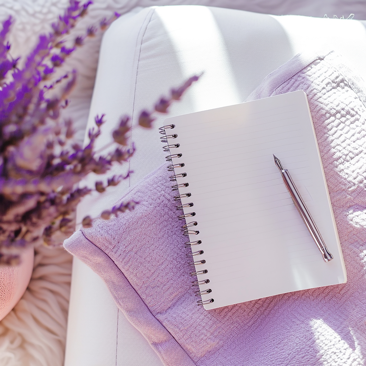 An open lined notebook with a silver pen resting on it is placed on a lilac pillow, which is on a white sofa. A bunch of purple flowers is blurred in the foreground, with sunlight casting shadows across the scene.