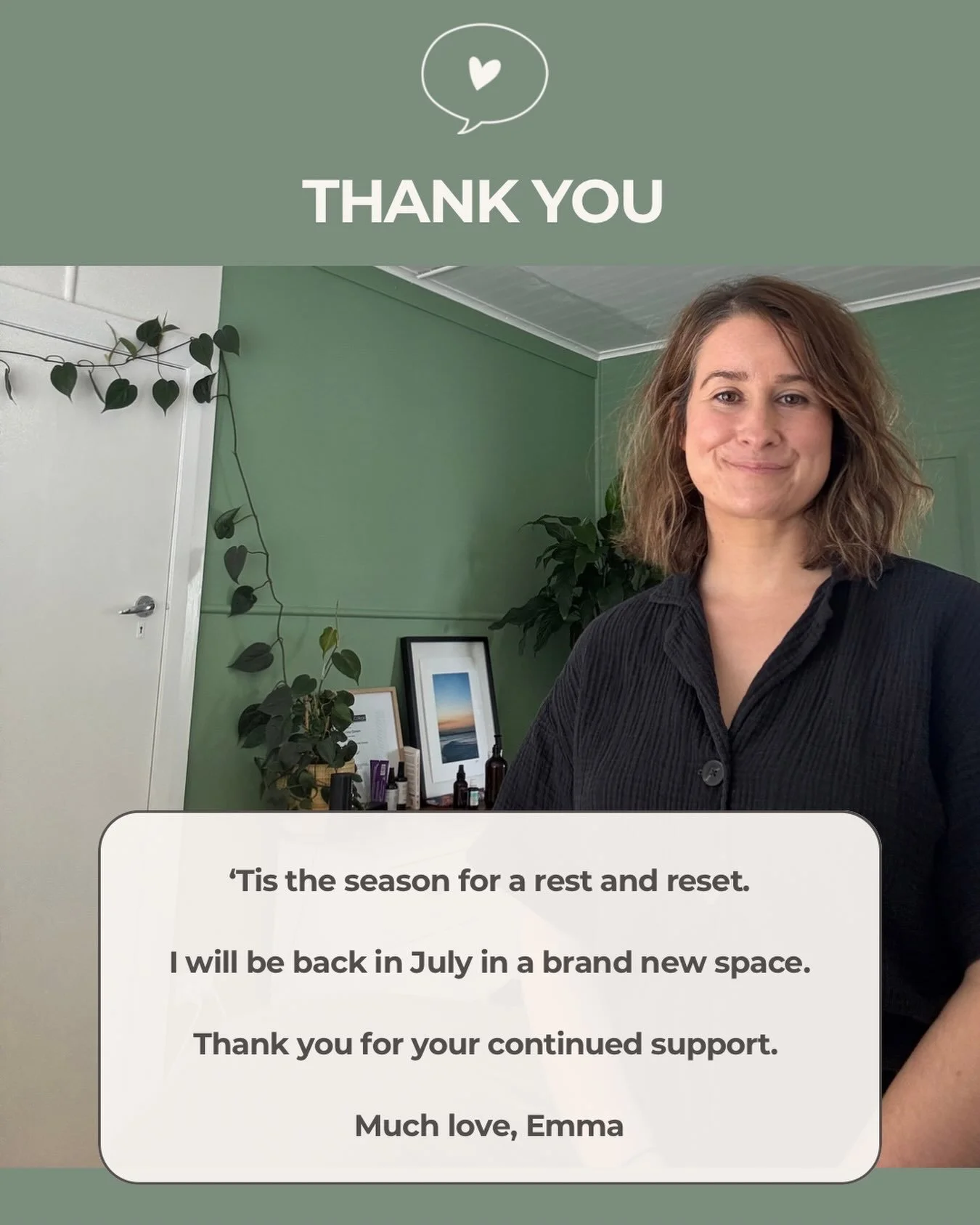 This Friday will be my final day working out of Burnie Massage Centre. I&rsquo;m so grateful for the space and the start it has given me since returning to the Coast.

It&rsquo;s time to give my body and mind a little reset before I start in a new sp