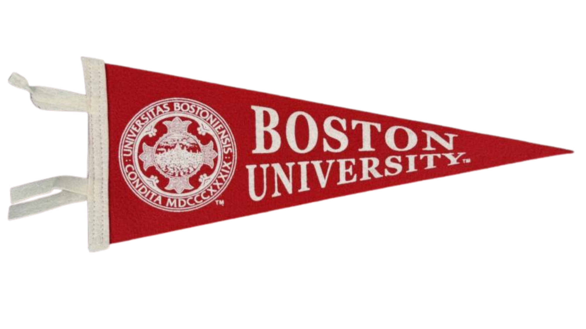 Red and white pennant flag with the seal of Boston University and the text "Boston University"