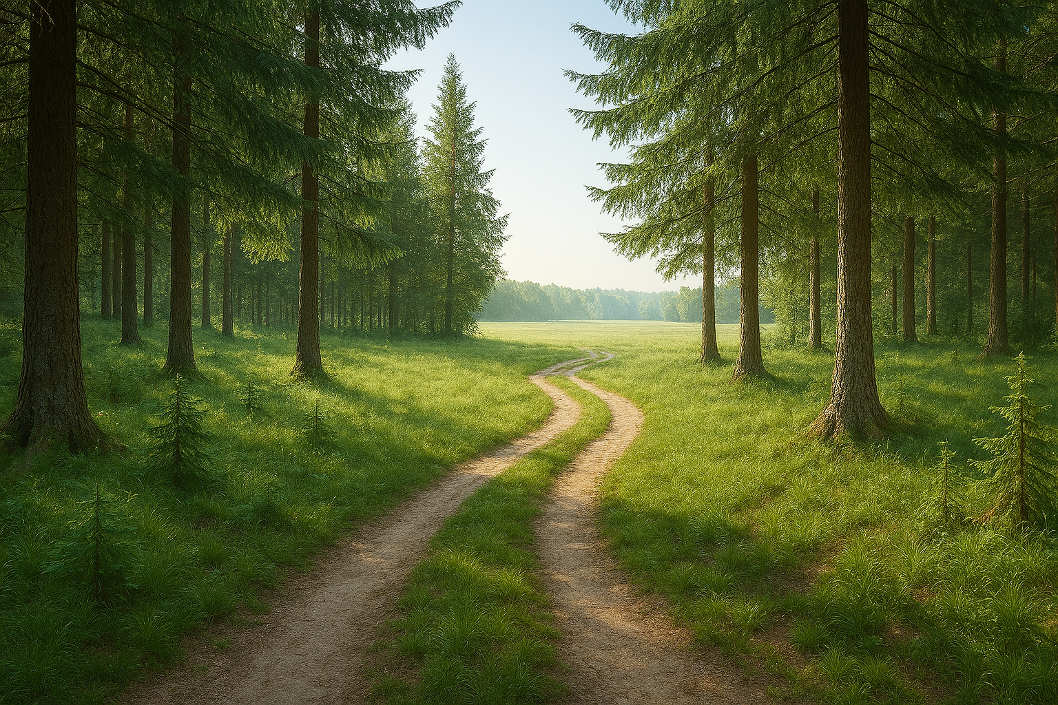 A forest trail surrounded by tall pine trees with green grass, leading to a bright, open field in the distance.